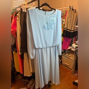 Grandmacore Soft Blue Long Sleeve Floral Appliqué Dress
